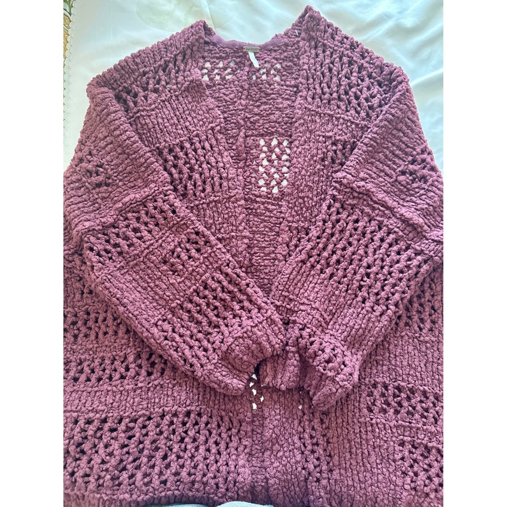 Vintage Free People Wool Blend Textured Open Front Cardigan Plum Burgundy Boho